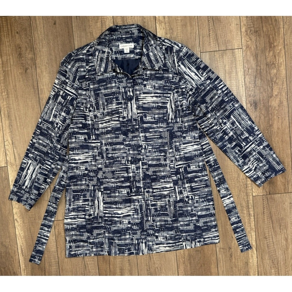 Coldwater Creek Trench Coat Blue/Cream Abstract Belted Mid Length Sz M (10-12) - Picture 5 of 16
